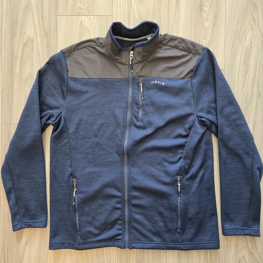 Orvis Full Zip Sweater Jacket Men's Size Large Fleece Lined Bonded Mesh Blue EUC